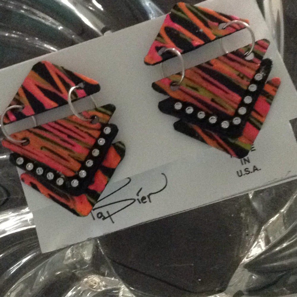 Neon slashes retro handmade or/pk/blk earrings